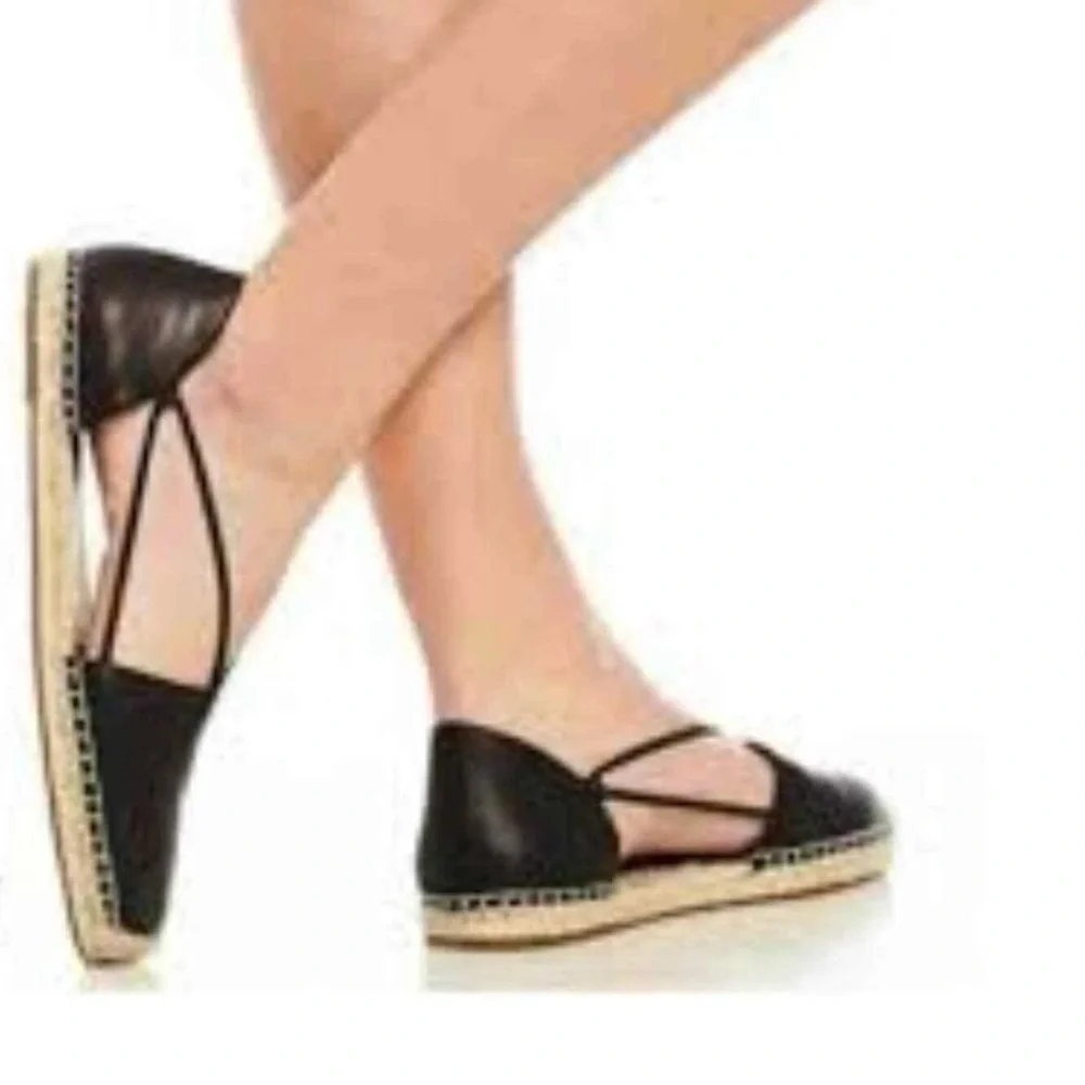 EILEEN FISHER Black Lee d'Orsay Flat Leather Espadrille Sandal 9.5M